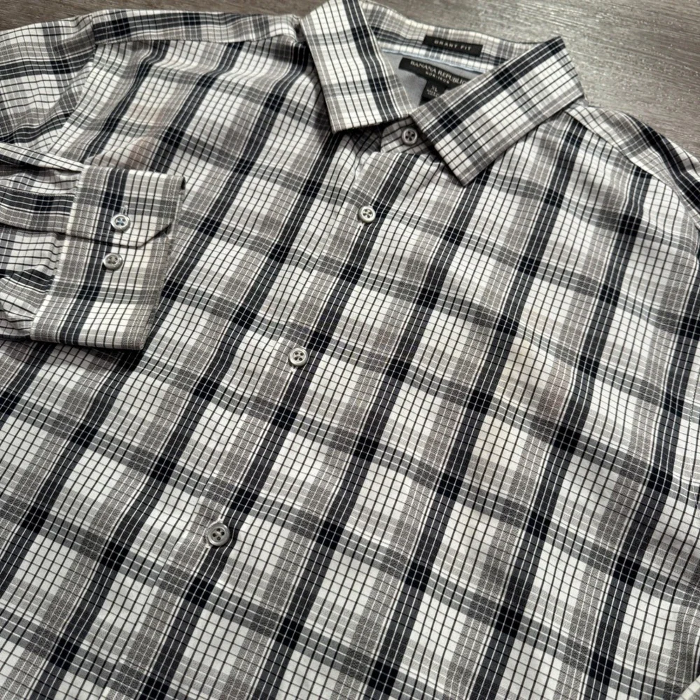Banana Republic Shirt Men XL Gray Plaid 100% Cotton Grant Fit Preppy Classiccore